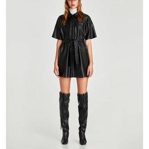 NWT ZARA BLACK LEATHER GATHERED BOOTS DRAWSTRING🔥